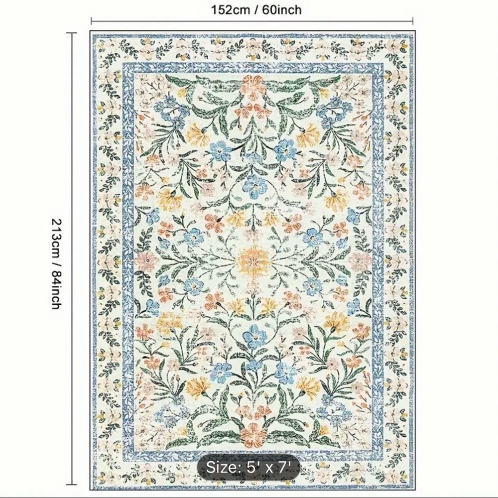 5’x7’ BRAND NEW Floral Pastel Area Rug - Cream Base with Green & Pink Accents - Picture 3 of 8